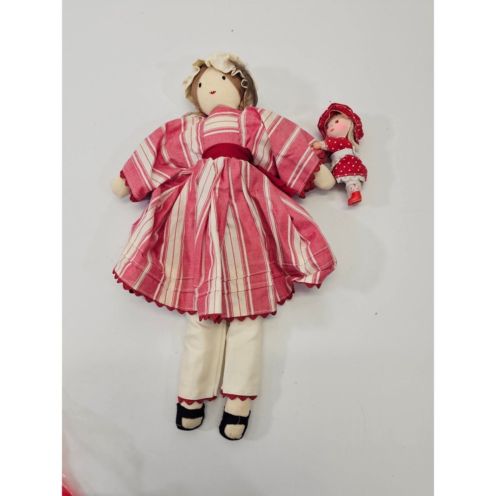 VINTAGE Handmade‎ Ragdoll Folk Art Doll Red Striped Dress White Trousers 15.5"